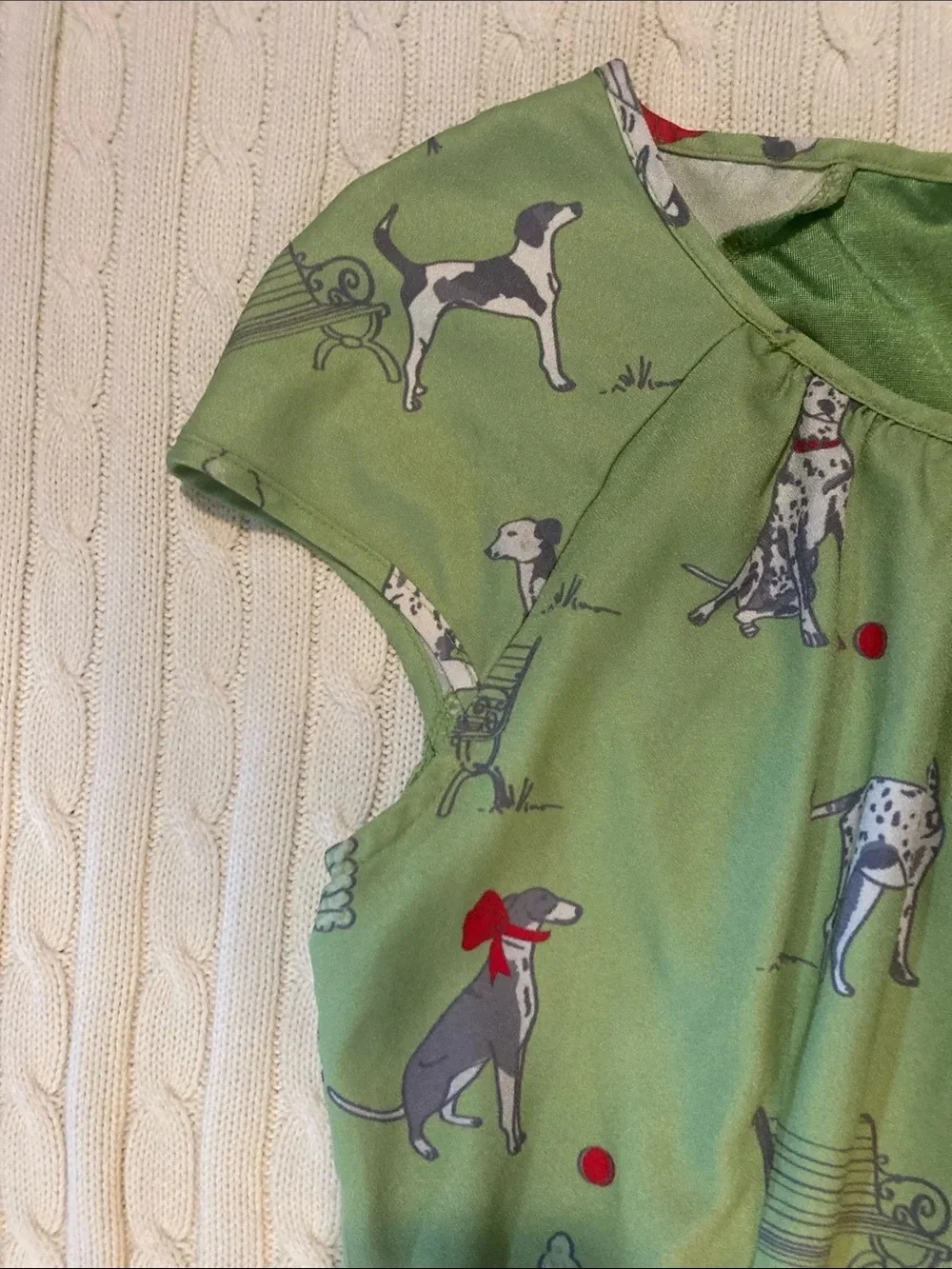 Green Dog-Print Cap-Sleeve Dress